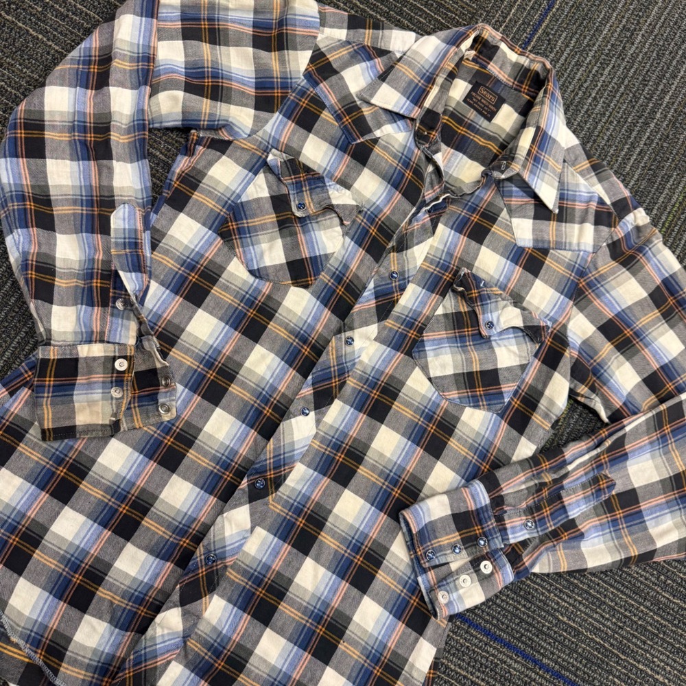 Sears Western Shirt Mens 15.5-35 Blue Orange Plaid Excellent Long Tail Vintage